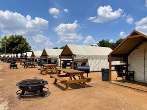 Un terrain de camping équipé de plusieurs tentes, de tables de pique-nique et de barbecues.