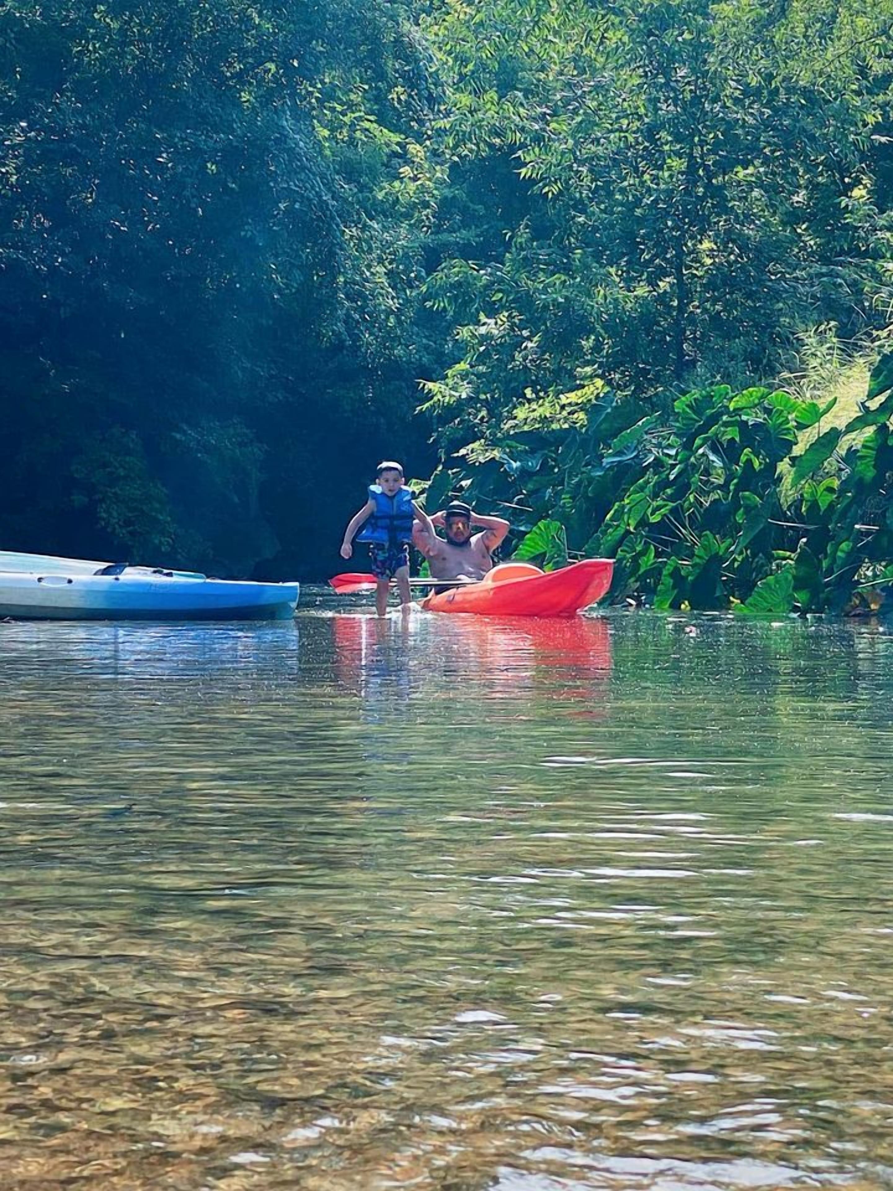 A river scene with boats and dense greenery.