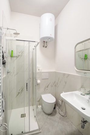 Douche, sèche-cheveux, bidet, serviettes fournies