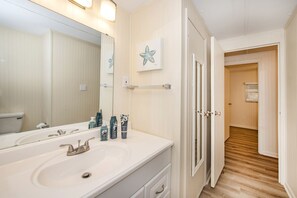 Hair dryer, towels, soap, shampoo