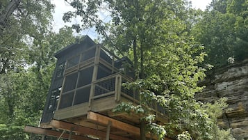 Ein Baumhaus mit einer Holzdachterrasse und einem Metallgeländer, umgeben von dichtem Wald.