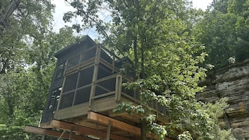 A treehouse with a wooden deck and a metal railing, surrounded by dense forest.