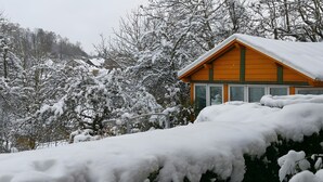 En stuga av trä med ett snötäckt tak, omgiven av träd och ett snöigt landskap.