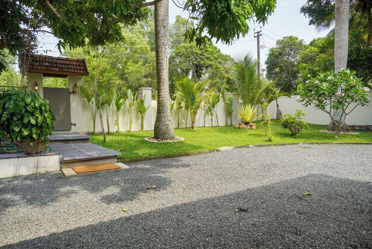 A residential property with a paved driveway, a small entrance with steps, a white wall, and a variety of greenery including palm trees and shrubs.