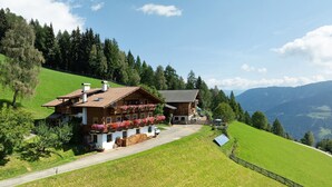 A traditional chalet with a sloped roof, wooden balconies with flower boxes, and a view of the surrounding hills. - Farmhouse "Ferienwohnung Pendlhof" with Mountain Views, Shared Garden, and Wi-Fi (Sankt Pankraz)