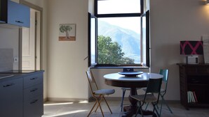 Una habitación con una mesa de comedor, sillas, un armario, una ventana con vistas a la montaña y un televisor fijado a la pared.