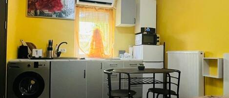 A compact room with a bed, a small kitchenette, a washing machine, and a radiator.