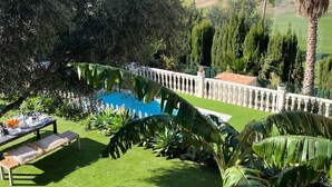 Un espace piscine agrémenté d’un coin repas et d’une végétation luxuriante.