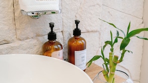 Un bagno con un lavandino bianco di grandi dimensioni, due flaconi di sapone per le mani, una ciotola di vetro con piante verdi e un asciugamano appeso a una parete in pietra.