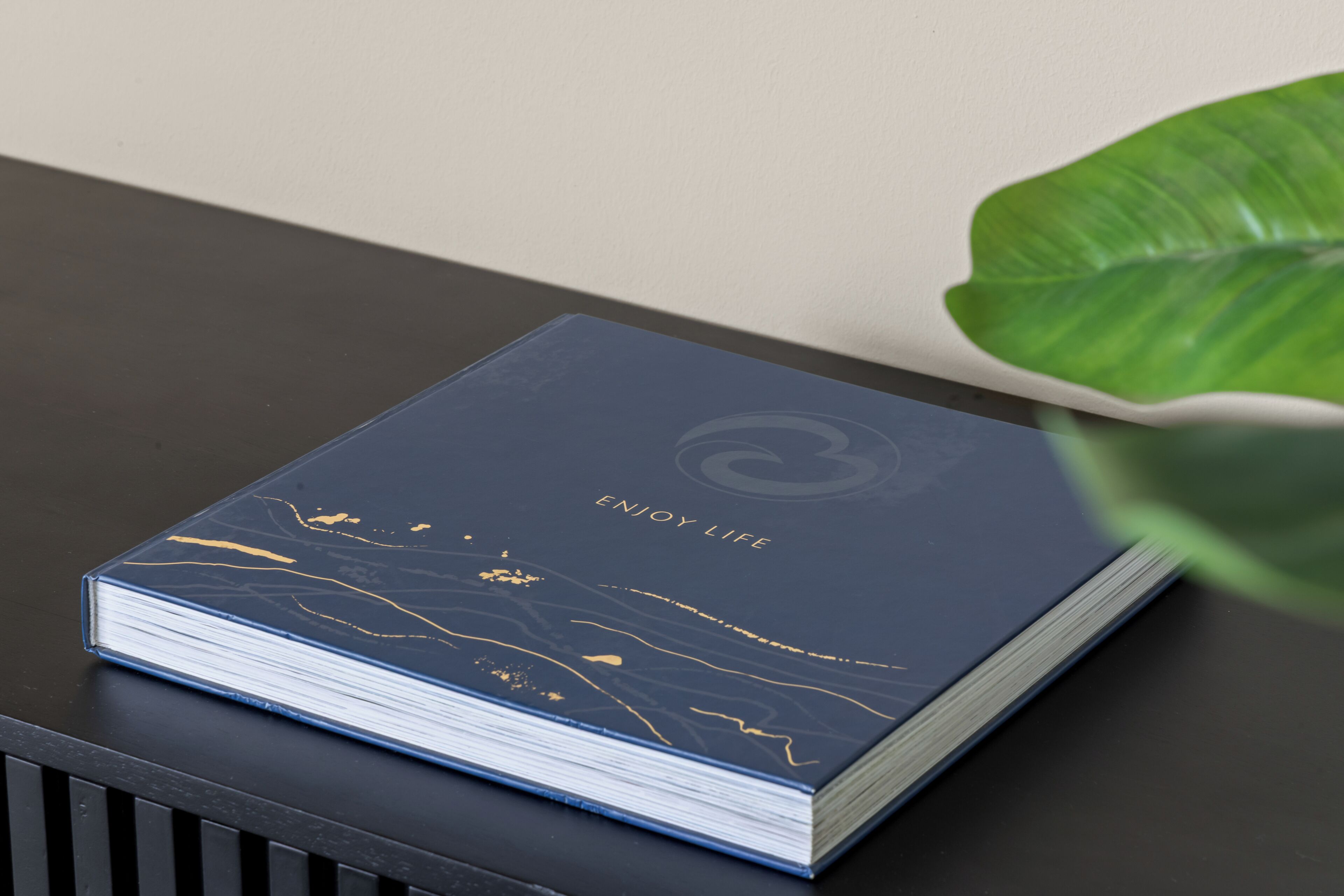 Un libro cerrado con detalles dorados sobre una superficie oscura.