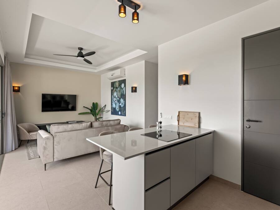 Uma cozinha moderna com ilha central, ventilador de teto, iluminação embutida e uma porta grande.