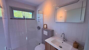 Shower, eco-friendly toiletries, hair dryer, towels