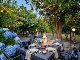 Un área de comedor al aire libre con mesas dispuestas para una comida, rodeada de árboles y arbustos de hortensia azules.