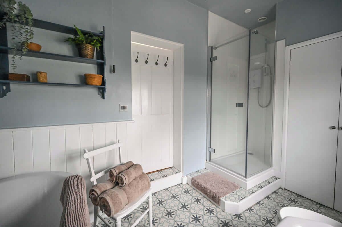 Une salle de bain avec une douche, un porte-serviettes et une étagère avec des plantes.