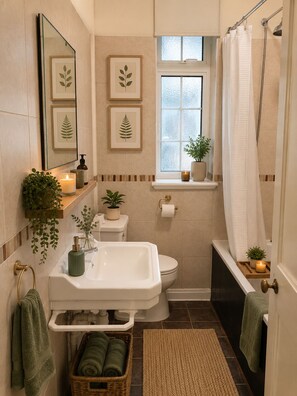 A bathroom with a sink, toilet, and shower. There are framed leaf patterns on the wall, a window, and a potted plant on the windowsill. - Cozy Retreat in Historic Oxford With Free Parking (Oxford)