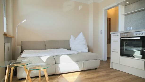 A modern living room with a sofa, glass coffee table, and a built-in oven. - Dünentraum 9 in Grömitz: 34 m² with a balcony, private parking, and Wi-Fi (Grömitz)