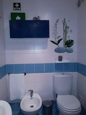 Chuveiro, secador de cabelo, toalhas de banho 