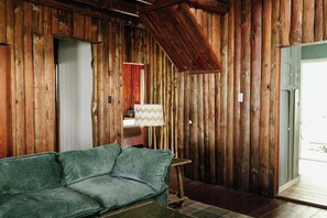 A rustic interior with wooden walls, a green sofa, a lamp, and a door leading outside.