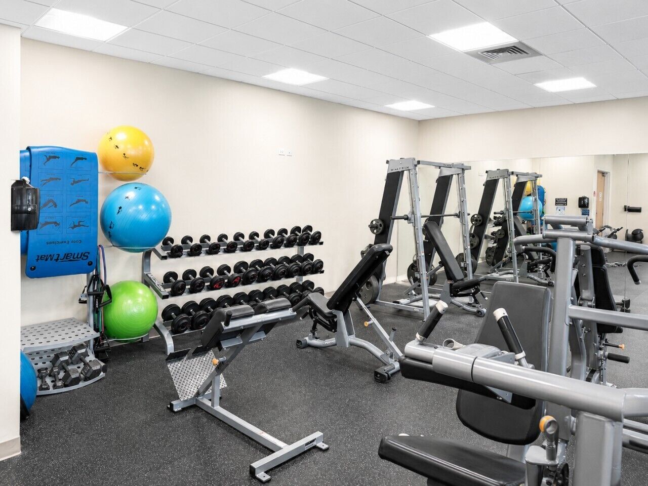 Ett gym med träningsredskap, hantlar och träningsbollar.