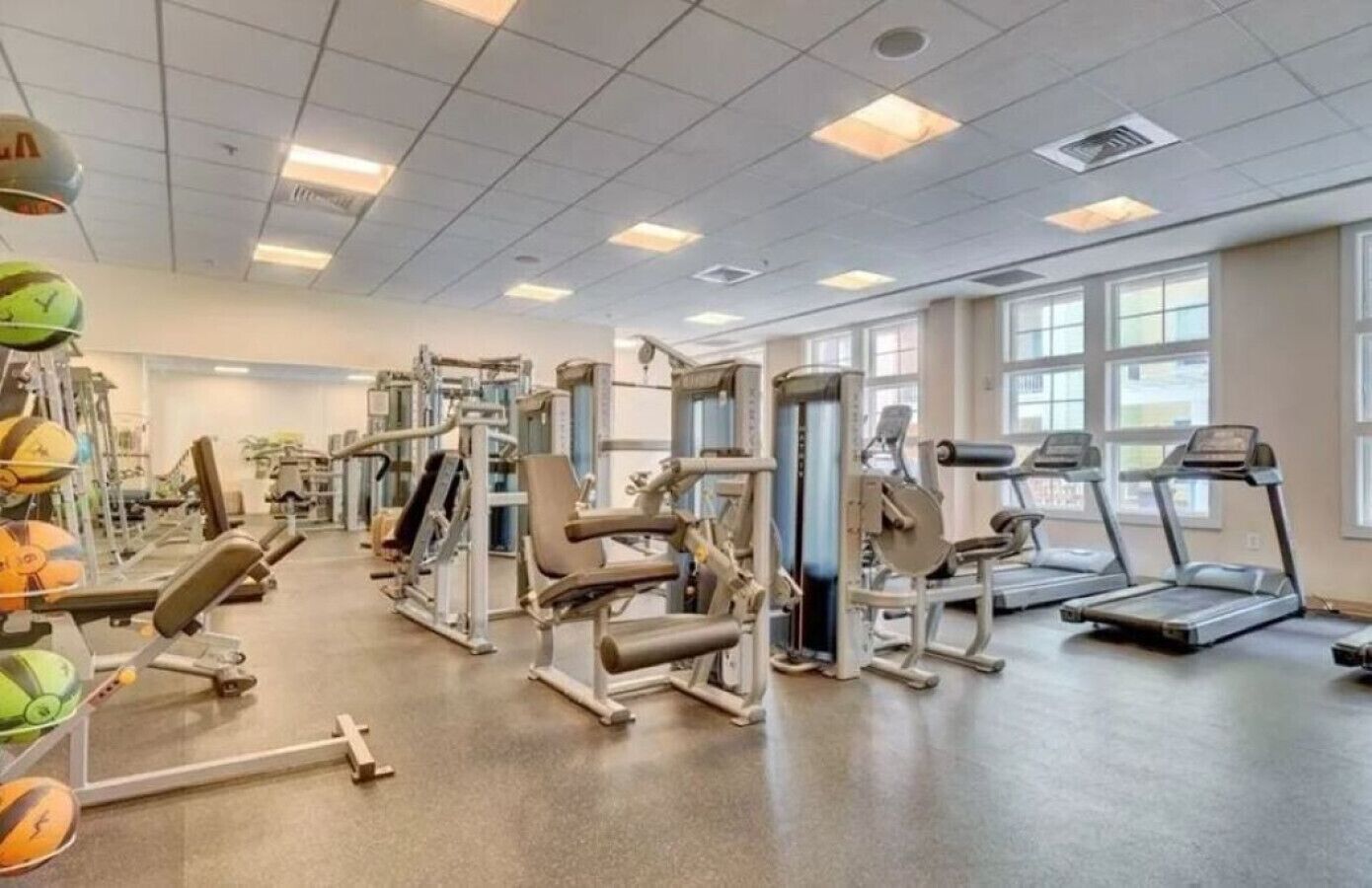 A gym with various exercise equipment, large windows, and a clean, organized layout.