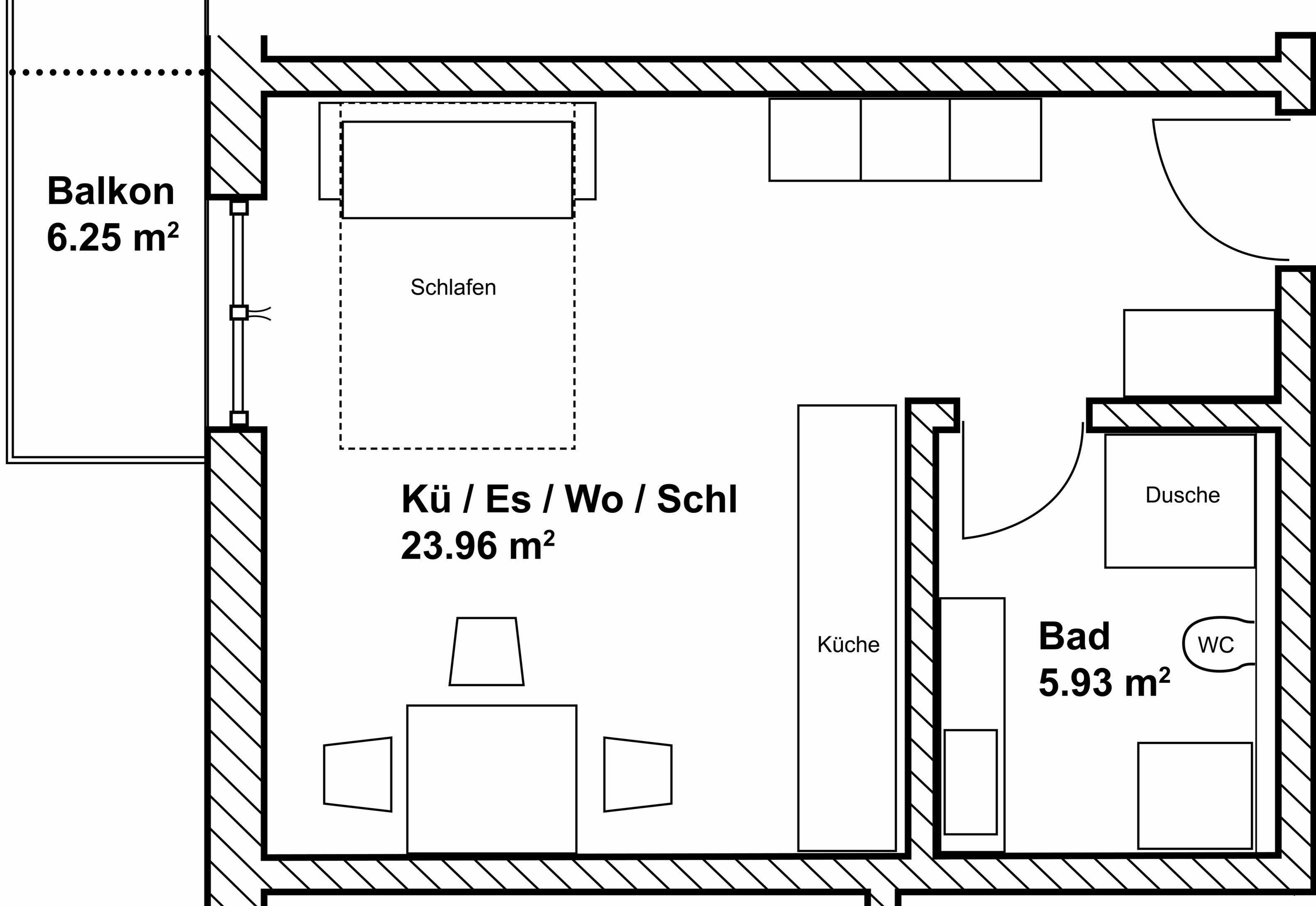 Plano de un hotel que incluye balcón, cocina, comedor, baño y sala de estar.