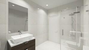 Een moderne badkamer met een grote spiegel, een witte wastafel, een badmeubel van donker hout en een douchecabine met glazen wanden.