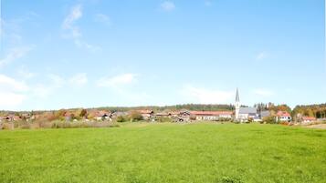 A rural landscape with a church, houses, and open fields.