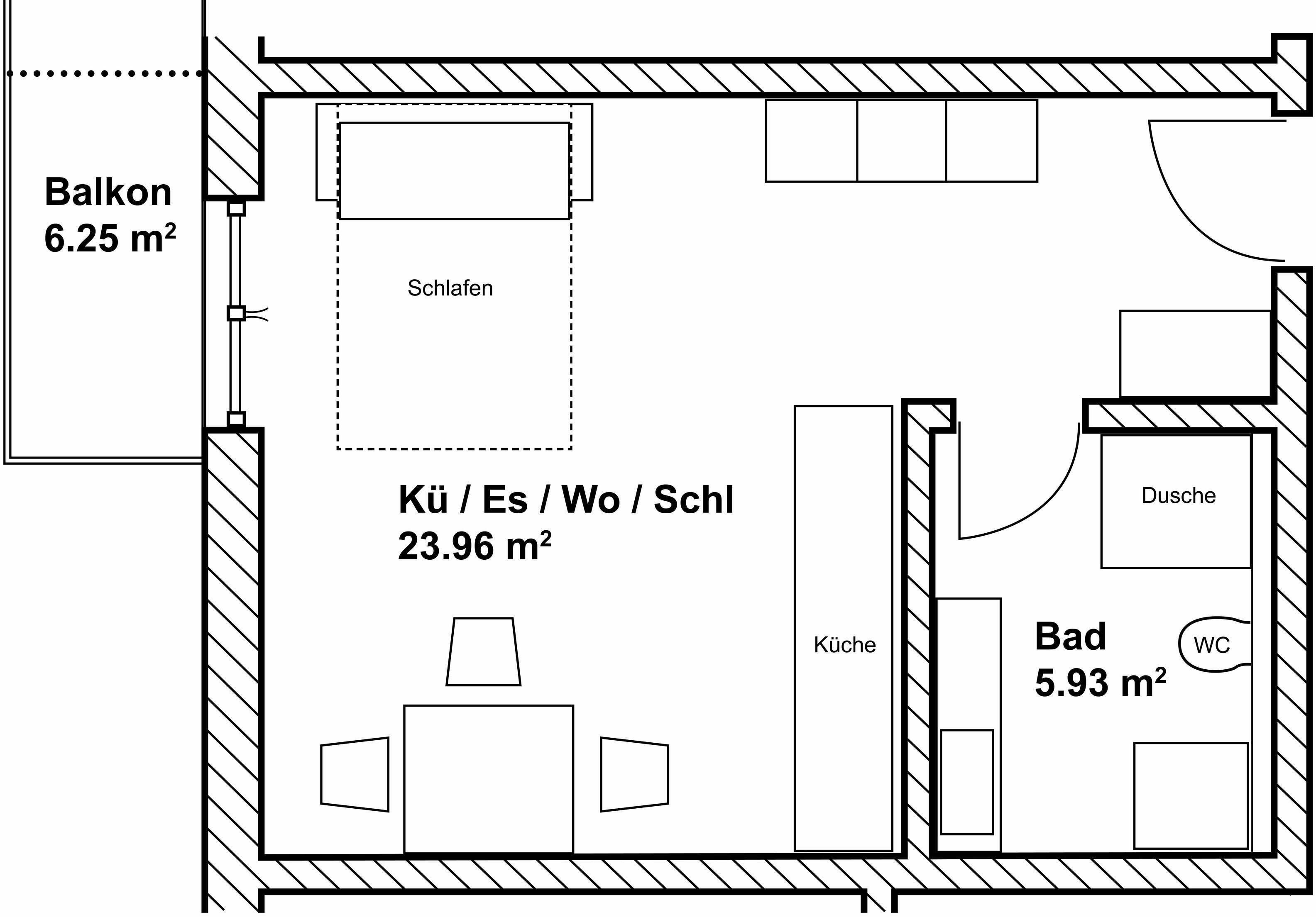 Un plan d’étage d’hôtel comprenant un balcon, une cuisine, un coin repas, une salle de bain et un salon.