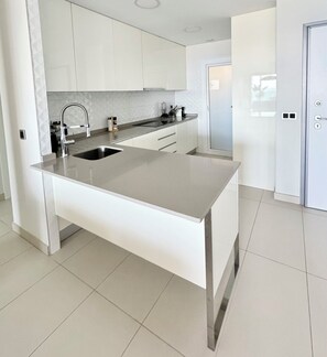 Fridge, microwave, dishwasher, coffee/tea maker