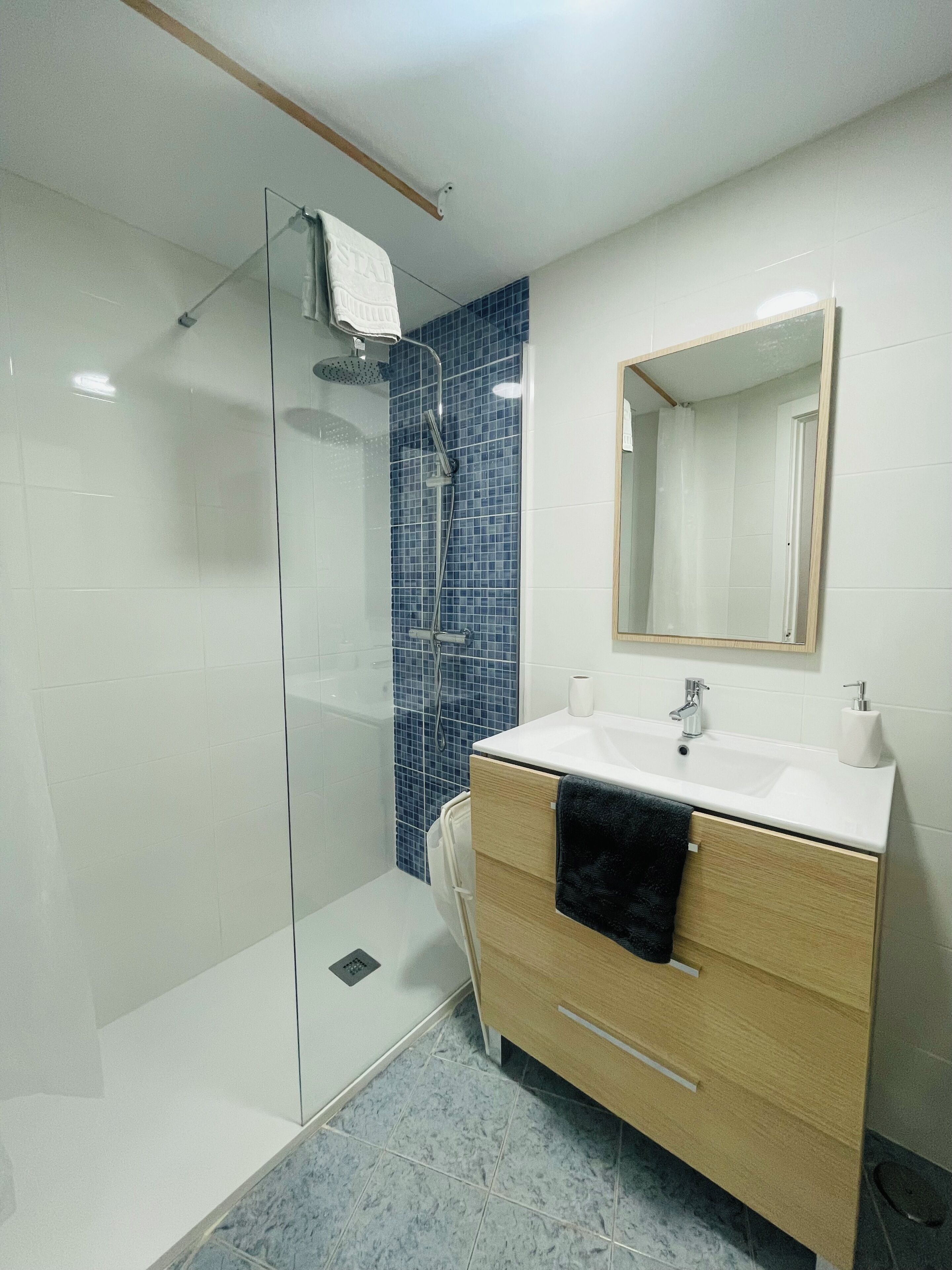 Hair dryer, towels, soap, toilet paper