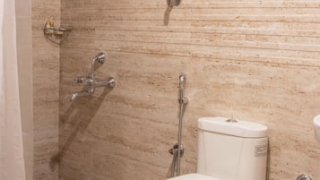 Shower, free toiletries, hair dryer, towels
