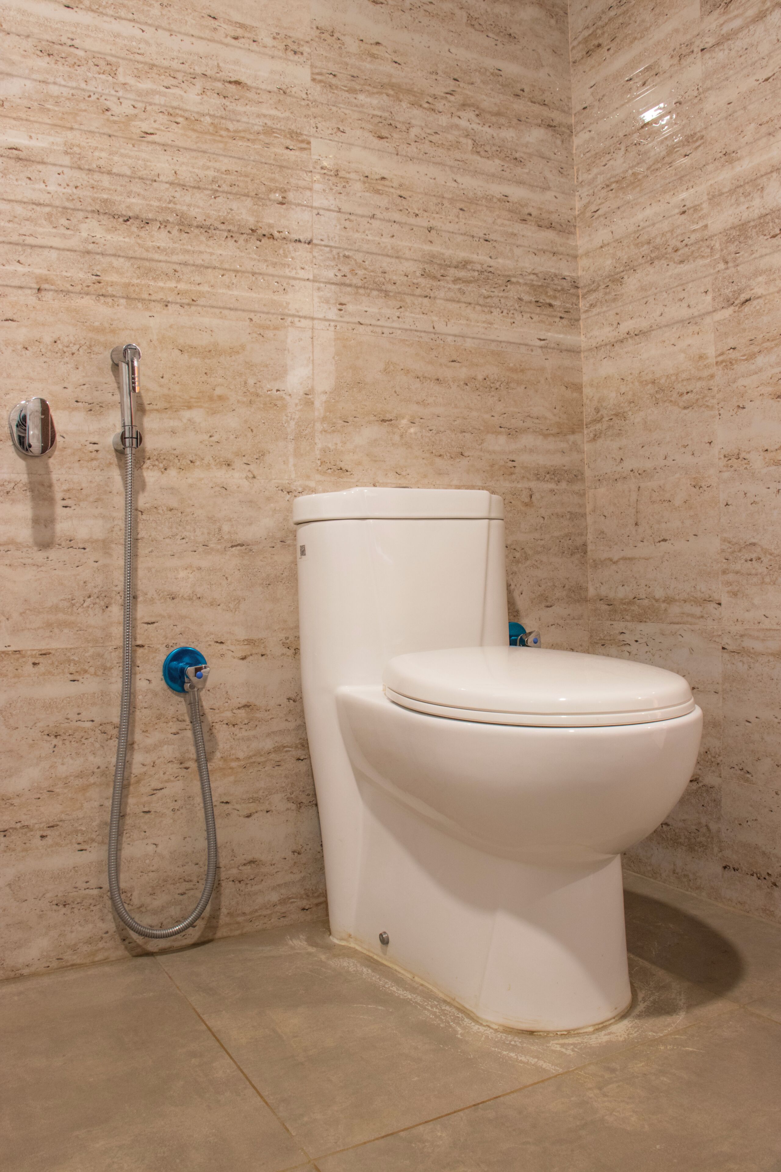 A bathroom with a toilet, a shower, and a marble wall.
