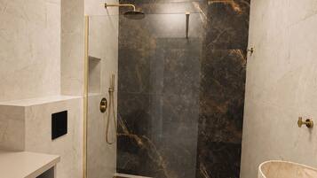 Dusche, Haartrockner, Handtücher, Seife
