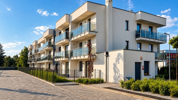Ein modernes Mehrfamilienhaus mit Balkonen, einer gepflasterten Auffahrt und blauem Himmel.