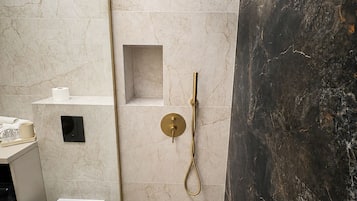 Douche, séchoir à cheveux, serviettes fournies, savon