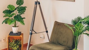 Ein Zimmer mit einem grünen Sessel, einer Dreibein-Stehlampe, einer Topfpflanze und einem Fenster mit Blick auf eine Terrasse.