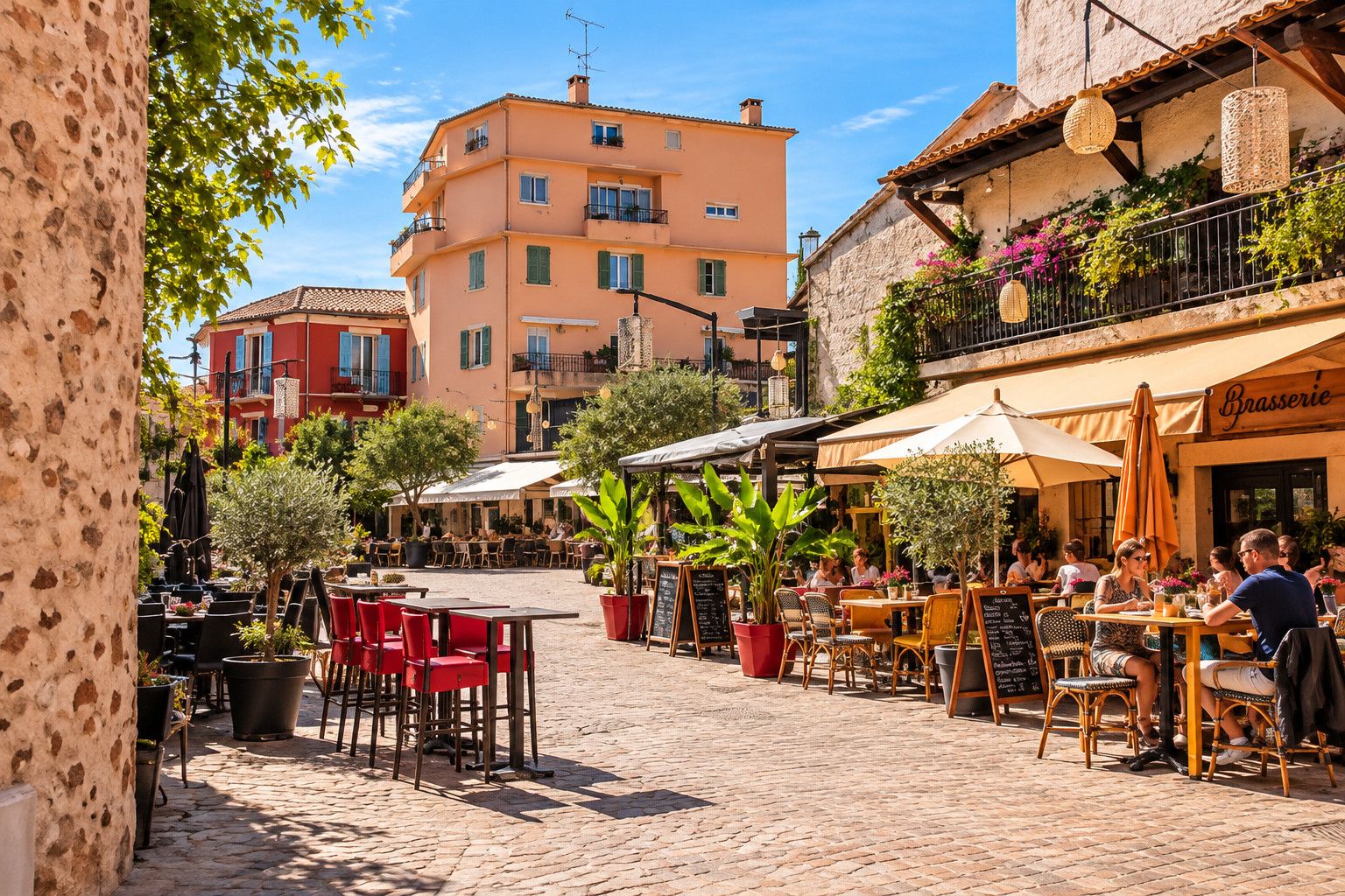 Un área de café al aire libre con mesas y sillas, rodeada de edificios con balcones y plantas.