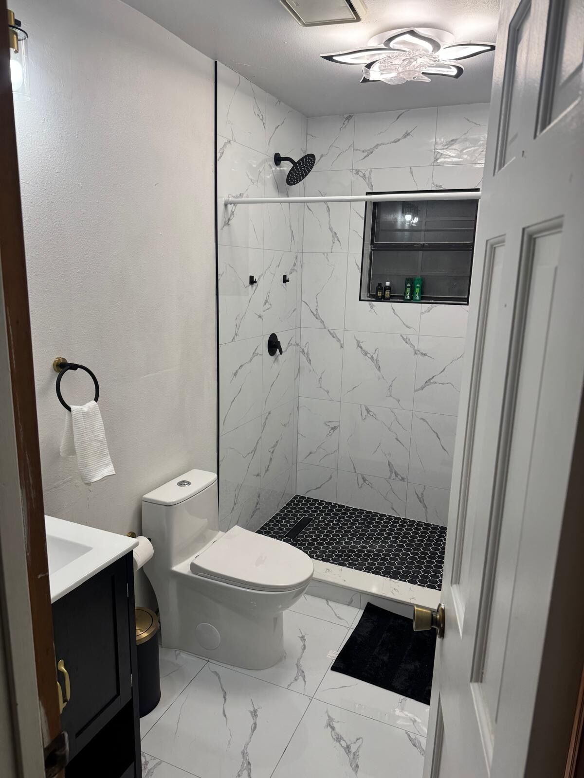 Hair dryer, towels, soap, toilet paper