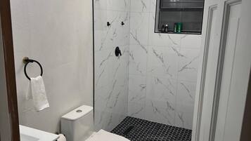 Hair dryer, towels, soap, toilet paper