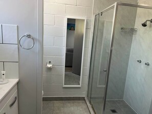 Shower, hair dryer, shampoo