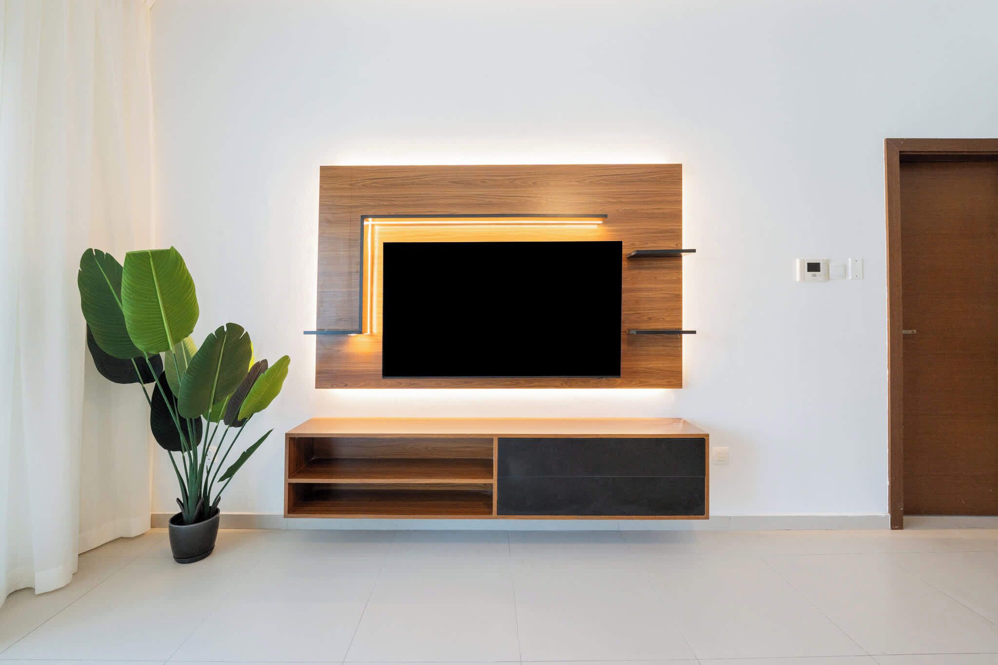 A modern living room with a flat-screen TV mounted on a wooden wall unit, a potted plant, and a closed door.