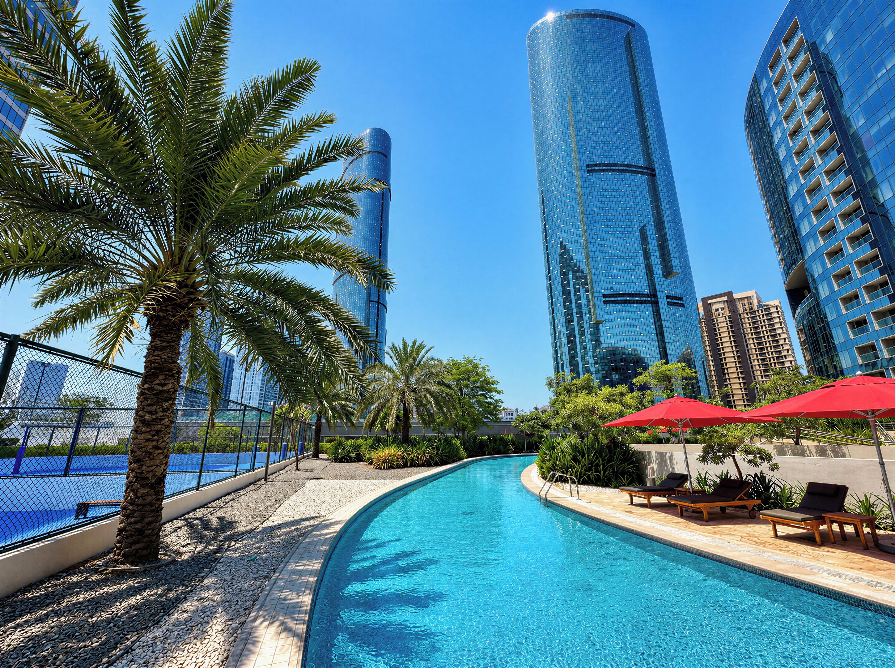 A swimming pool with lounge chairs and red umbrellas, surrounded by palm trees and modern buildings.