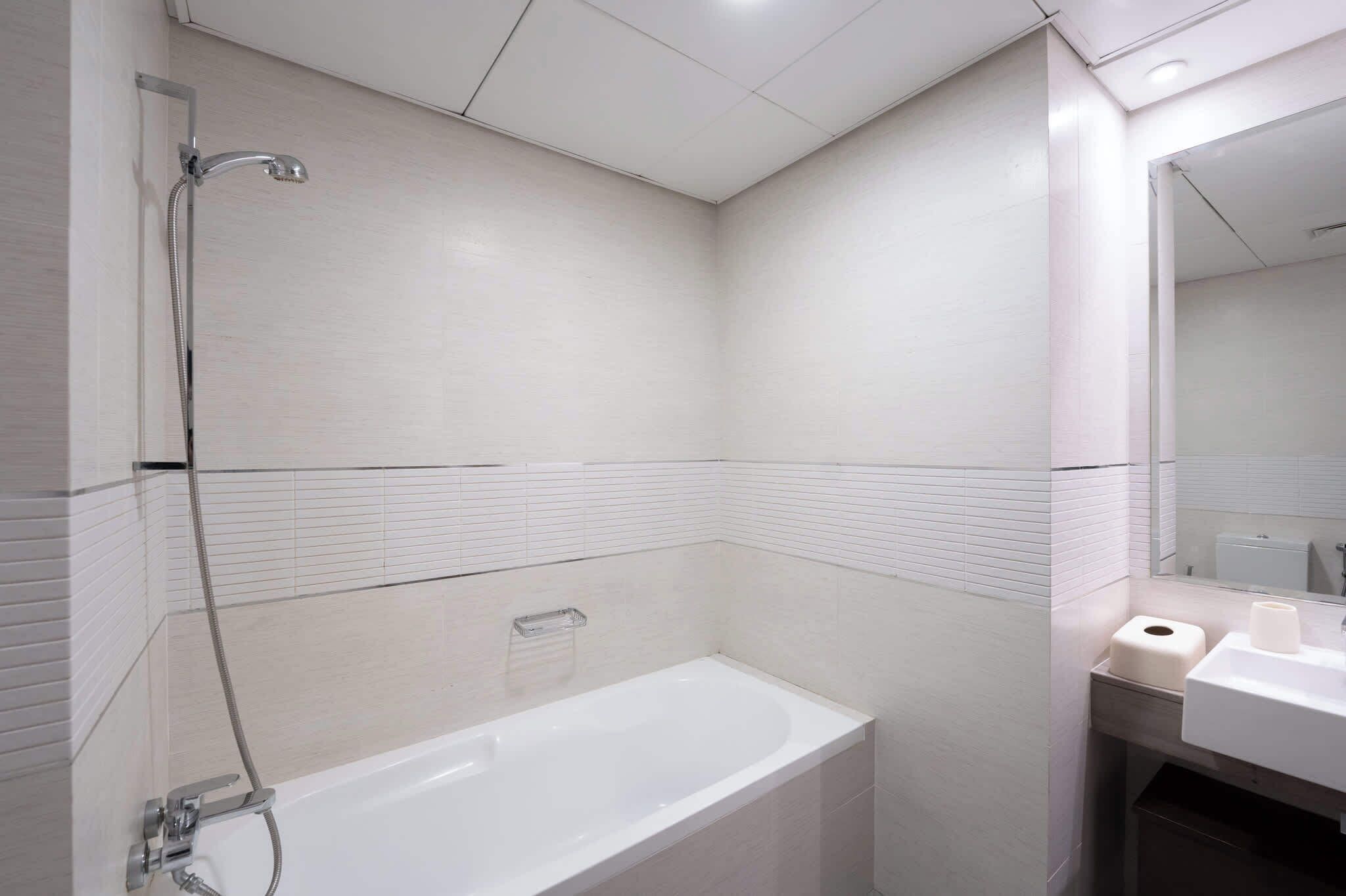 Hair dryer, bidet, towels, soap