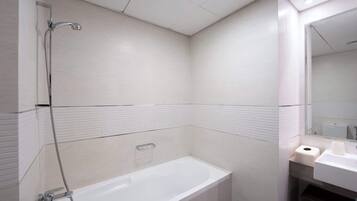 Hair dryer, bidet, towels, soap