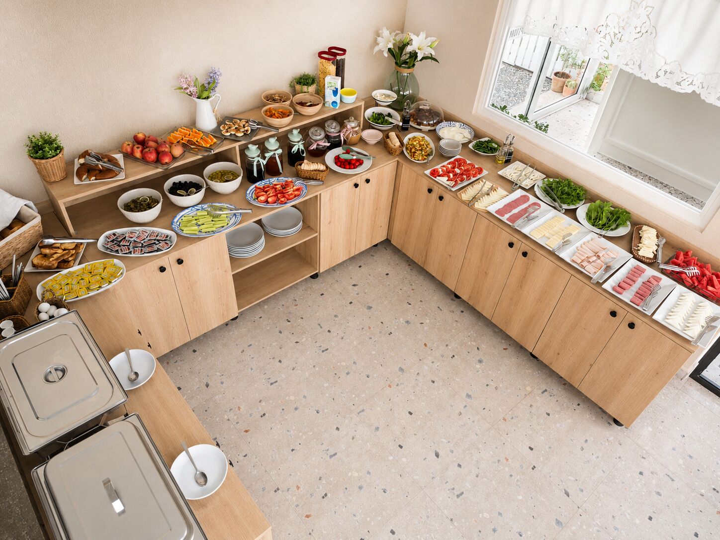 A kitchen with a variety of food items and utensils on wooden cabinets and countertops.
