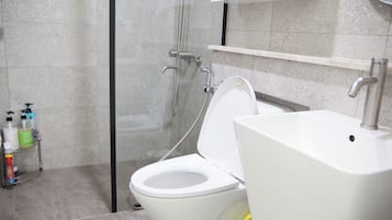 Shower, hair dryer, towels, soap
