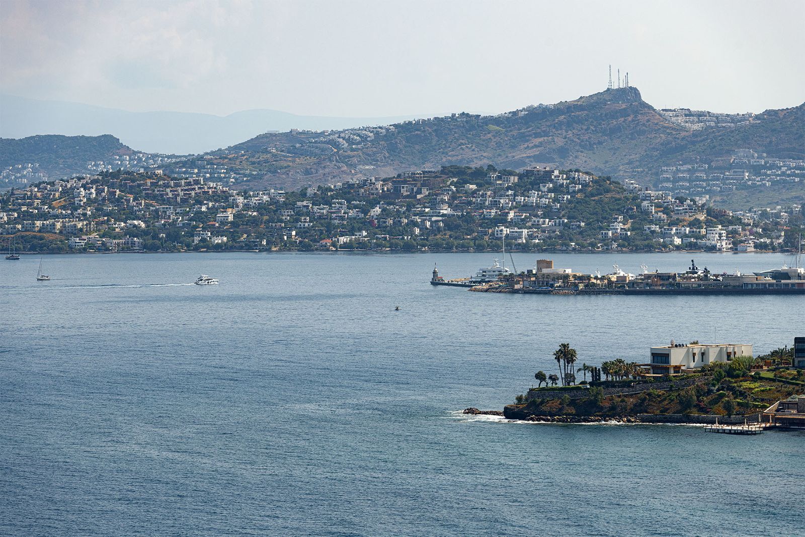 A coastal cityscape with a prominent hill, a marina with boats, and residential buildings.