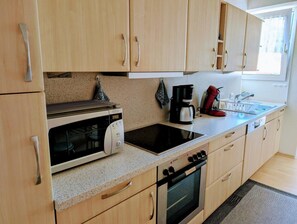 Frigorífico, microondas, horno y placa de cocina