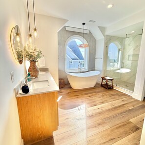 Hair dryer, towels, soap, toilet paper
