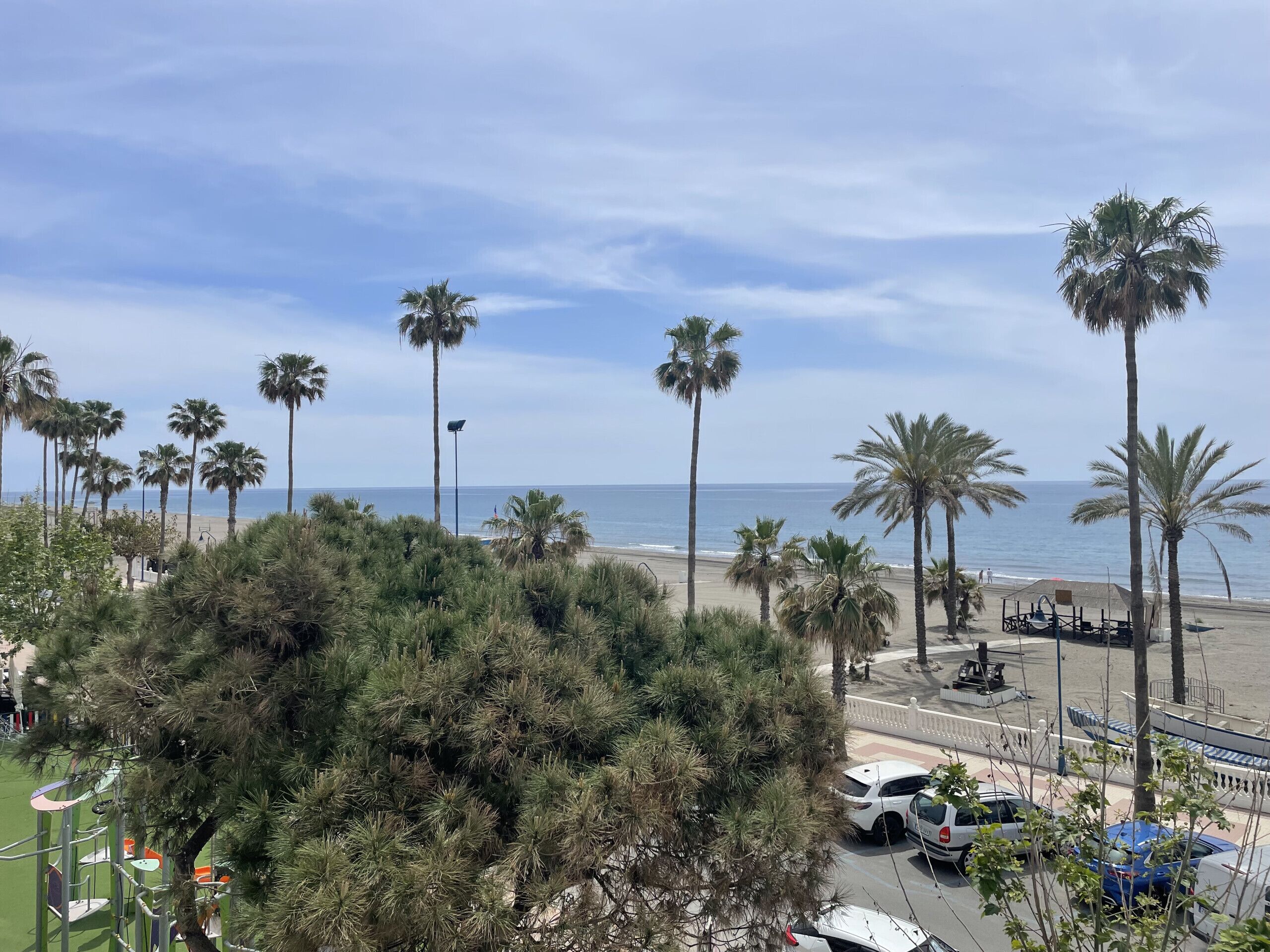 A beach view with palm trees, a playground, and parked cars.